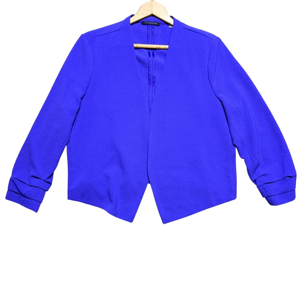 T Tahari Blazer Womens XL Royal Blue Open Front Ruched Sleeve EUC